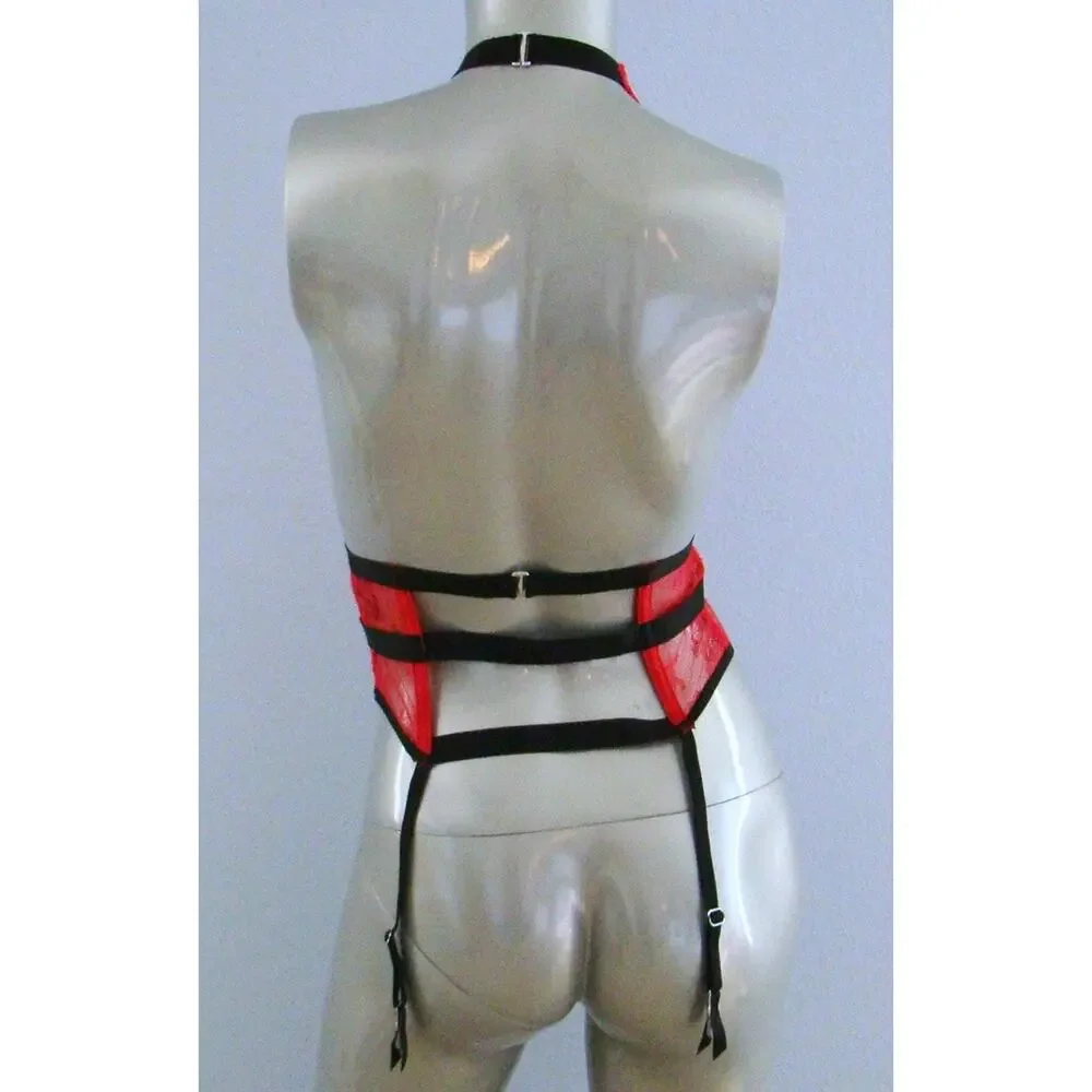Victoria's Secret $248 Nwt Red Lace Plunge Strappy Halter Banded Garter Slip S